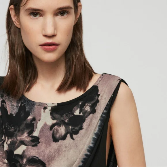 Allsaints Riviera Flora Gathered Dress - Black Size M - Picture 2 of 8